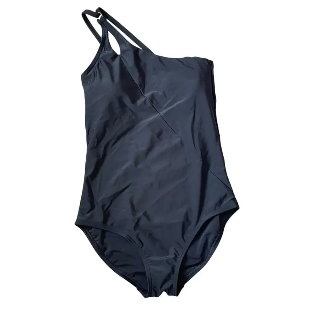Lands' End Small 6-8 Black‎ 1 Shoulder Tummy Control Full Coverage Swimsuit NWT